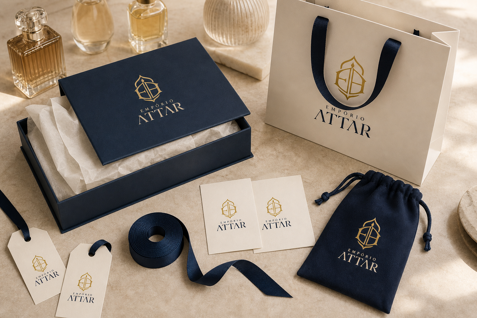 Kit-presente Empório ATTAR: caixa azul-marinho com logo, tags, fita de cetim, cartões e pouch de veludo