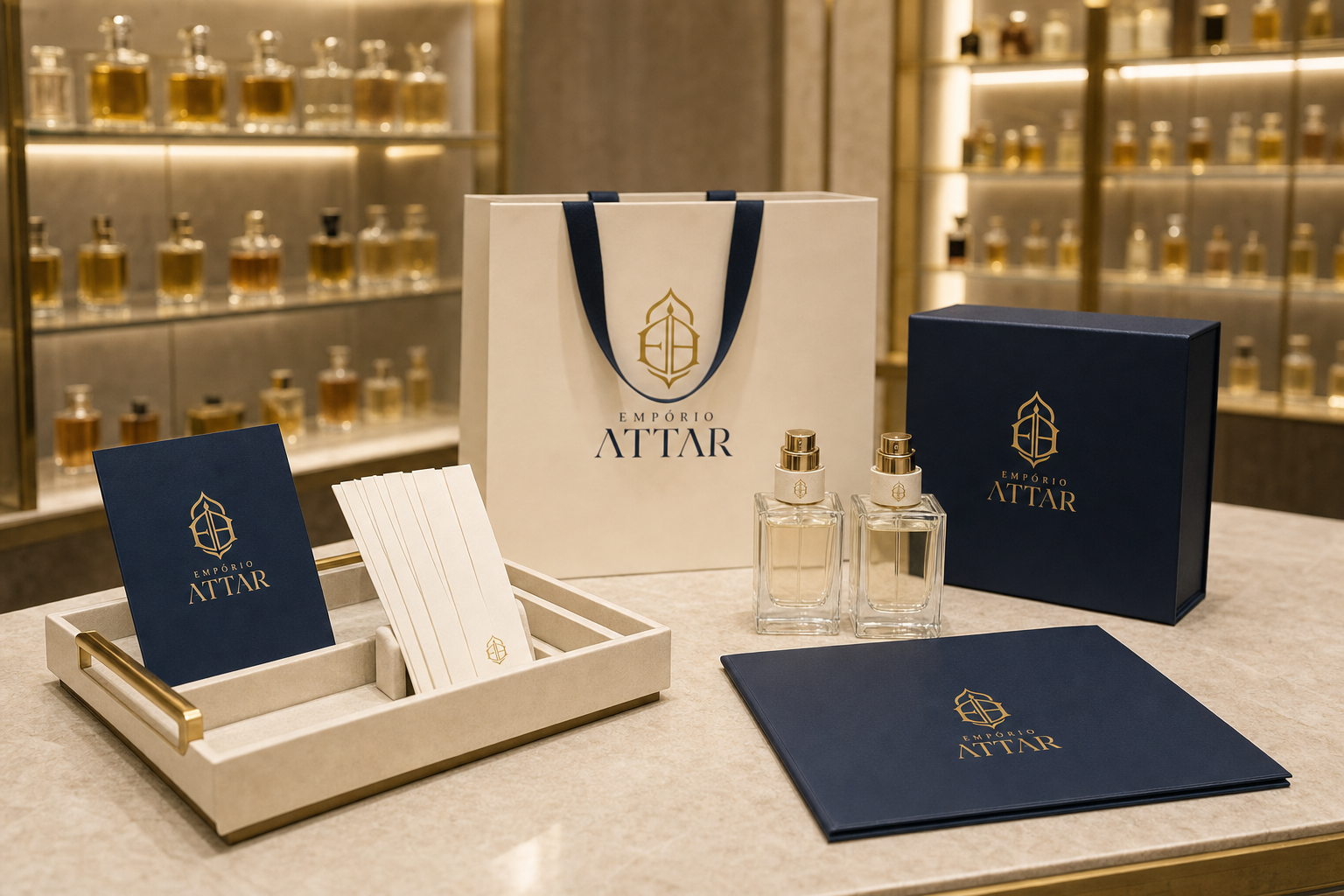 Materiais de apresentação Empório ATTAR: bandeja com blotters, pasta e caixas em azul-marinho